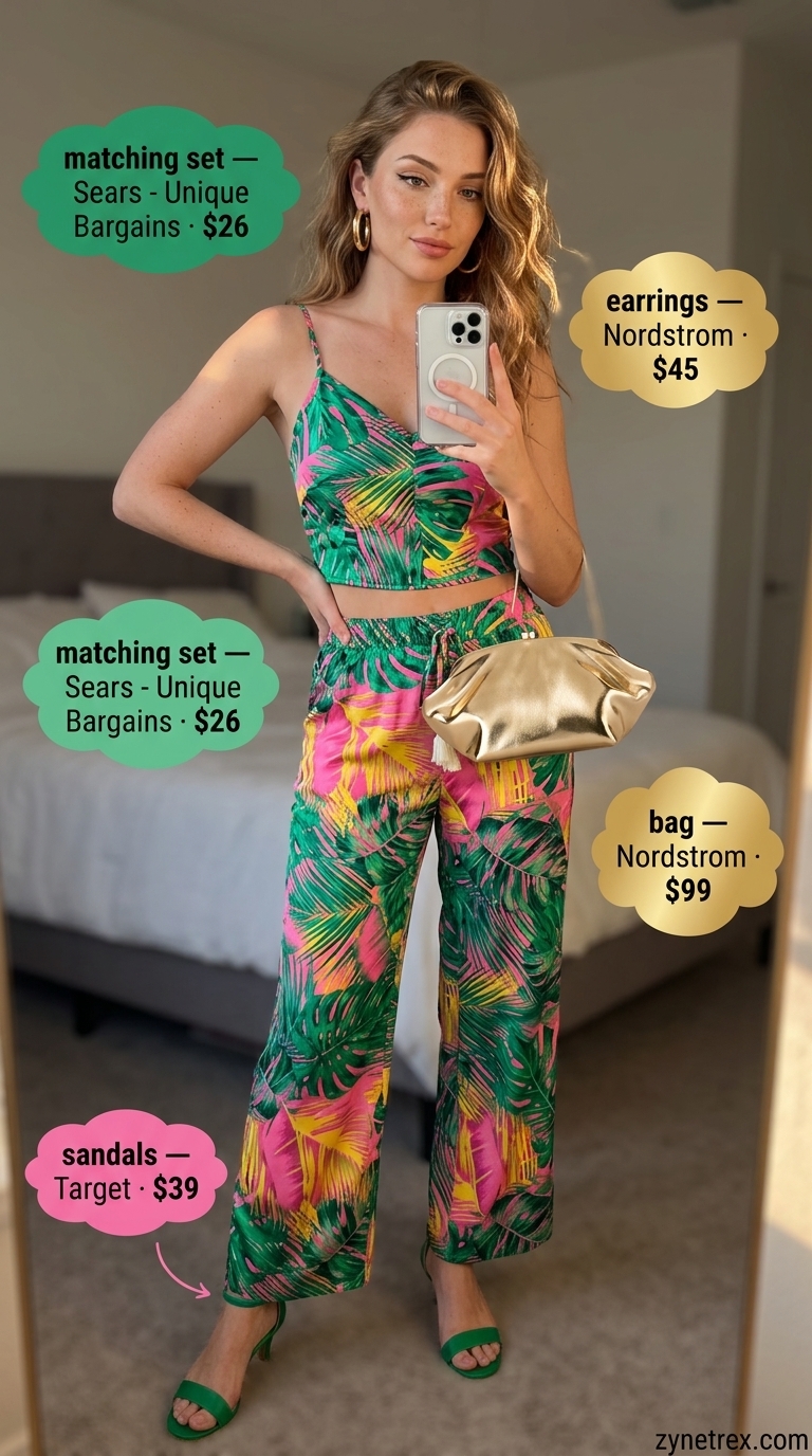 Tropical Escape Set: Printed crop top & wide-leg pants, emerald heels. Best summer must have outfits for women 2026.