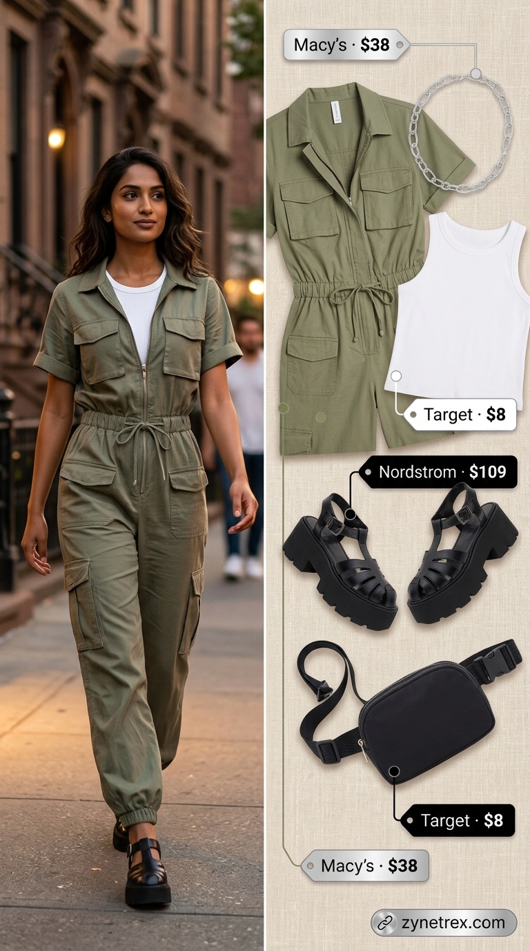 Urban Explorer outfit: Olive green utility jumpsuit, tank top & platform sandals. Best summer must have outfits for women 2026.