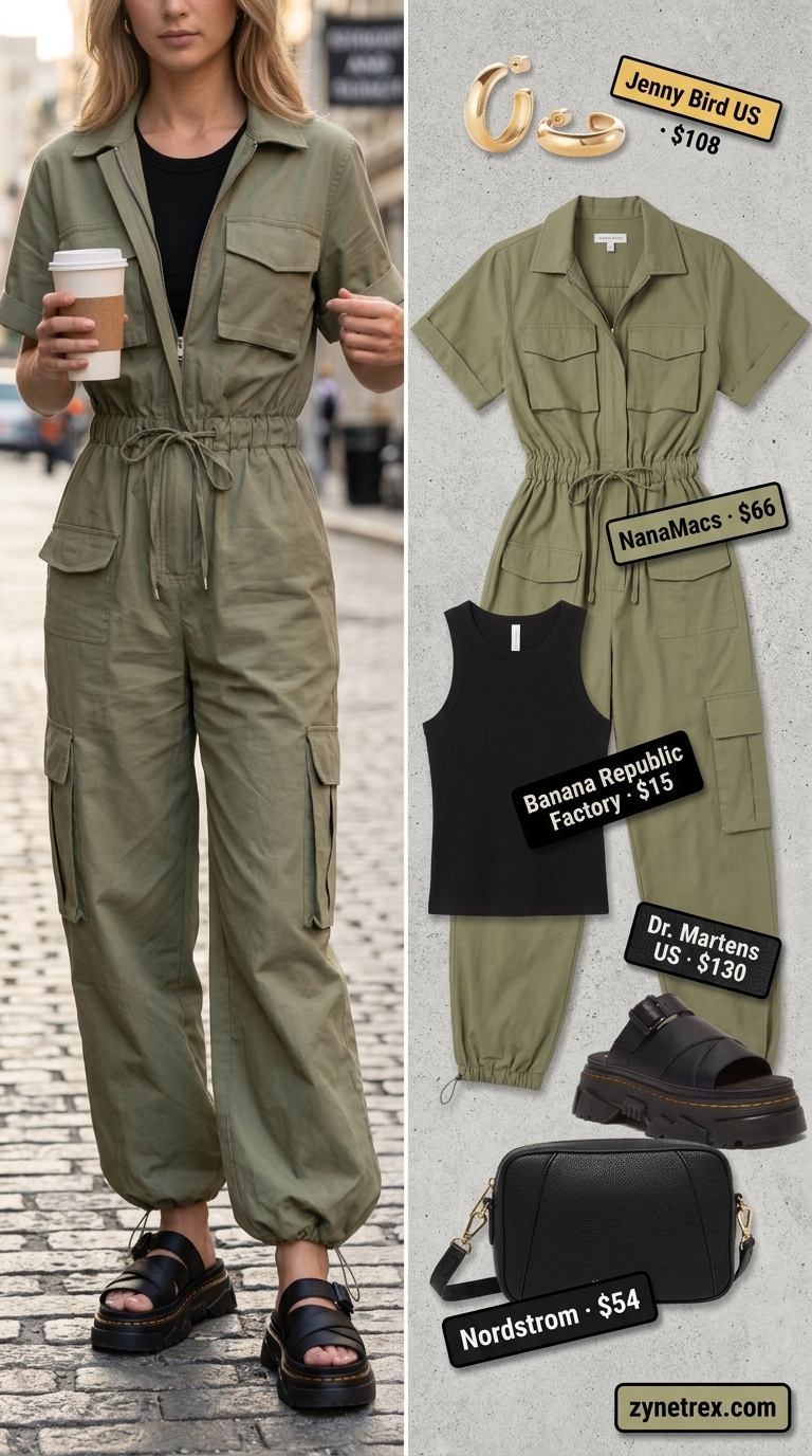 Olive green utility jumpsuit with black tank and sandals, perfect for best summer must have outfits for women 2026.