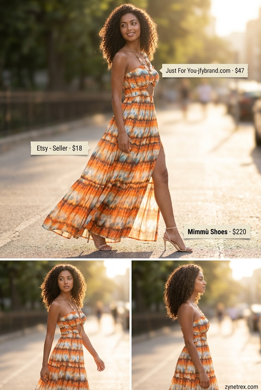 Boho coral and teal maxi dress outfit for women, perfect for festivals or beach days. Features suede fringe boots and layered necklaces.