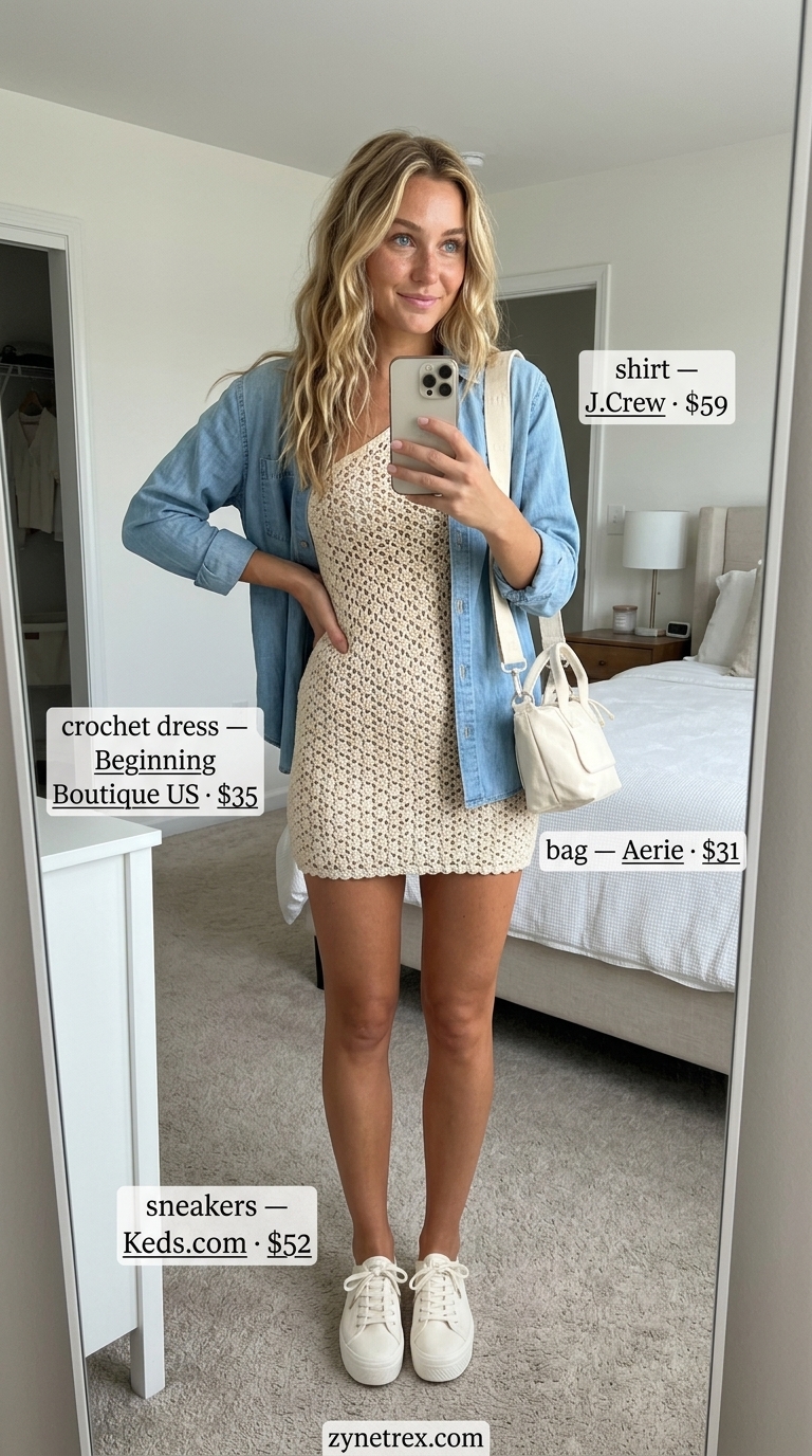 Boho Summer Crochet Outfits 2026: Coastal Coffee Run Boho summer crochet outfits for women 2026: Cream crochet mini dress, light blue chambray shirt, and white canvas sneakers for a coastal look.