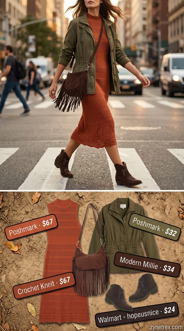 Boho Summer Crochet Outfits 2026: Desert Festival Muse Boho summer crochet outfits for women 2026: Rust crochet midi dress, olive jacket, and suede ankle boots for a desert festival.