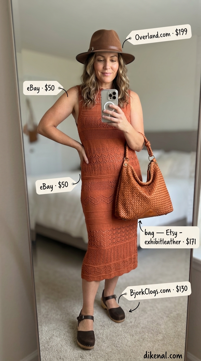 Boho Summer Crochet Outfits 2026: Earthy Gathering Boho summer crochet outfits for women 2026: Rust orange crochet midi dress, felt hat, and leather clogs for an earthy gathering.