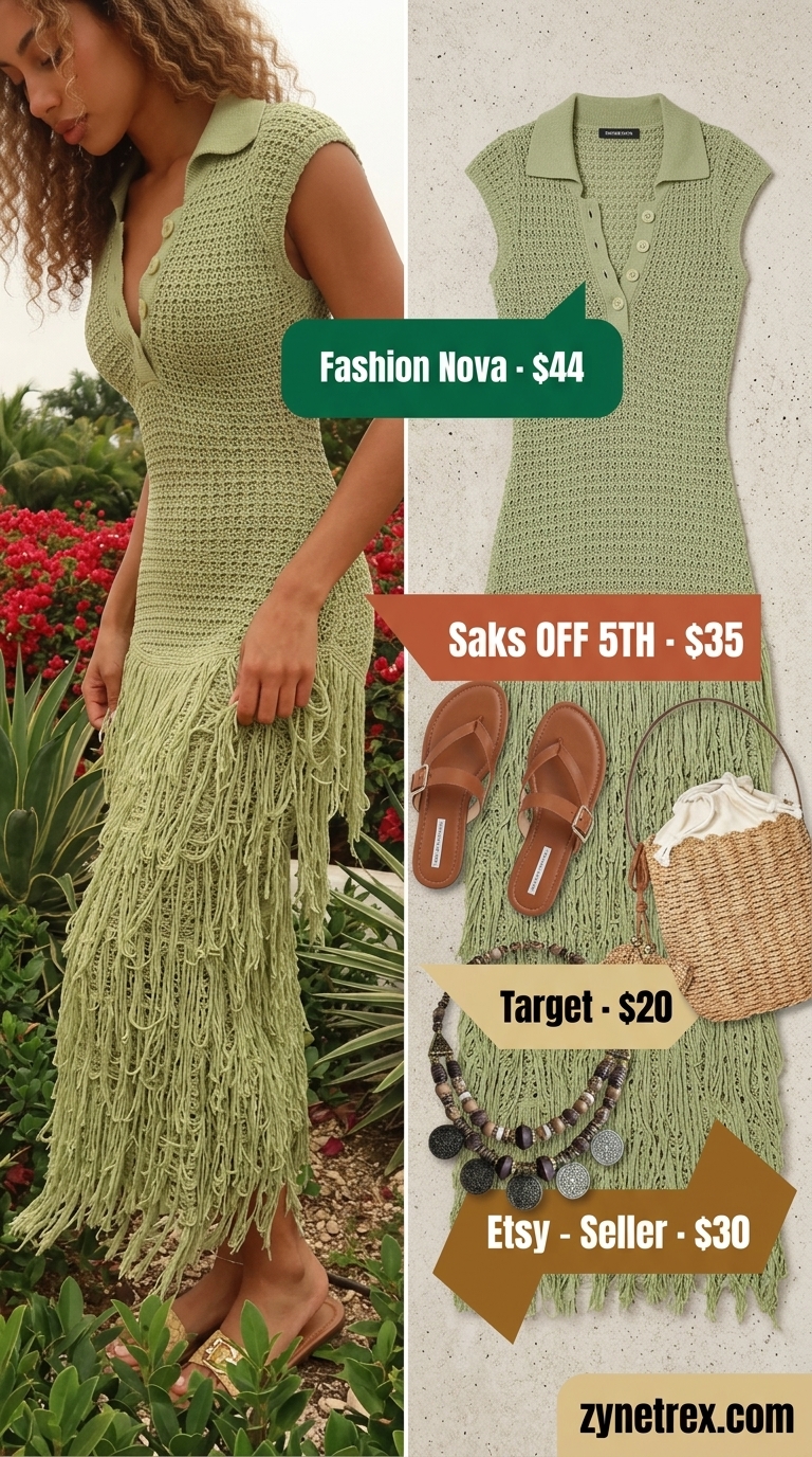 Boho Summer Crochet Outfits 2026: Garden Party Style Boho summer crochet outfits for women 2026: Sage green crochet maxi dress, woven bucket bag, and leather sandals for a garden party.