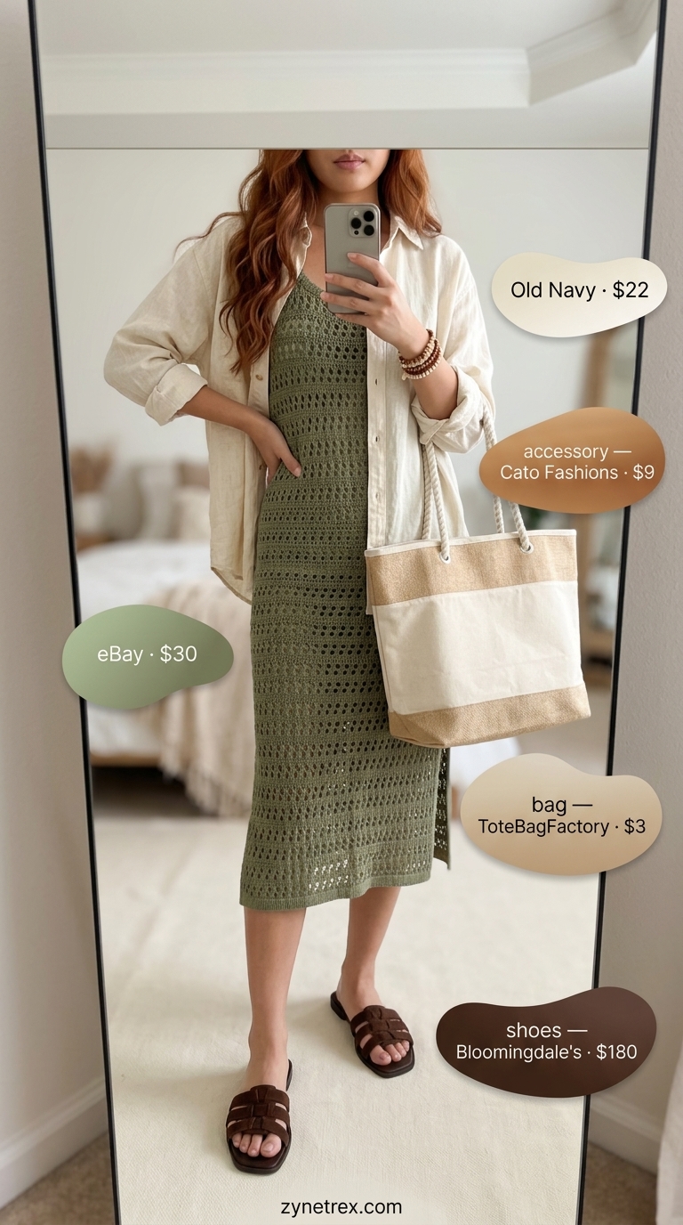 Boho Summer Crochet Outfits 2026: Lakeside Retreat Style Boho summer crochet outfits for women 2026: Olive green crochet midi dress, cream linen shirt, and canvas tote for a lakeside retreat.