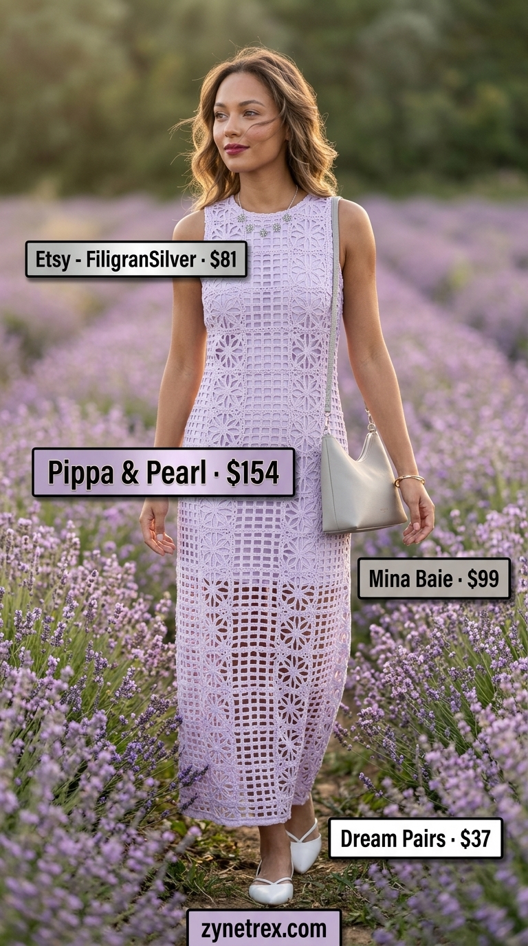 Boho Summer Crochet Outfits 2026: Lavender Fields Dream Boho summer crochet outfits for women 2026: Soft lavender crochet midi dress, ballet flats, and neutral shoulder bag for a dreamy look.