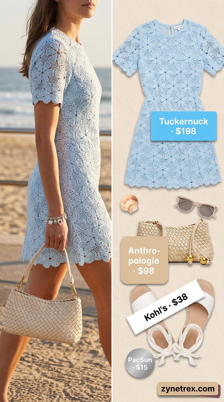 Boho Summer Crochet Outfits 2026: Ocean Breeze Brunch Boho summer crochet outfits for women 2026: Sky blue crochet mini dress, white espadrilles, and woven crossbody bag for a brunch.