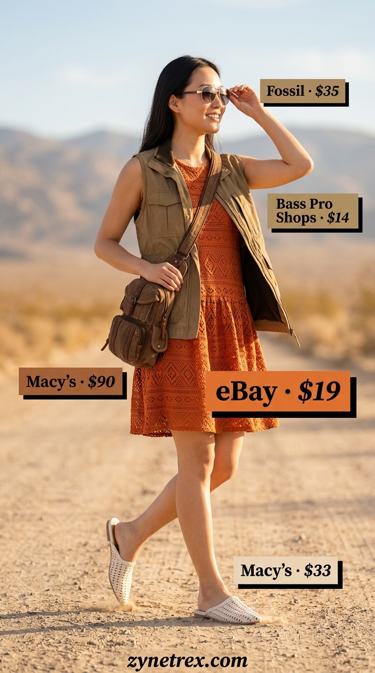 Boho Summer Crochet Outfits 2026: Road Trip Style Boho summer crochet outfits for women 2026: Burnt orange crochet mini dress, khaki vest, and canvas belt bag for a road trip.