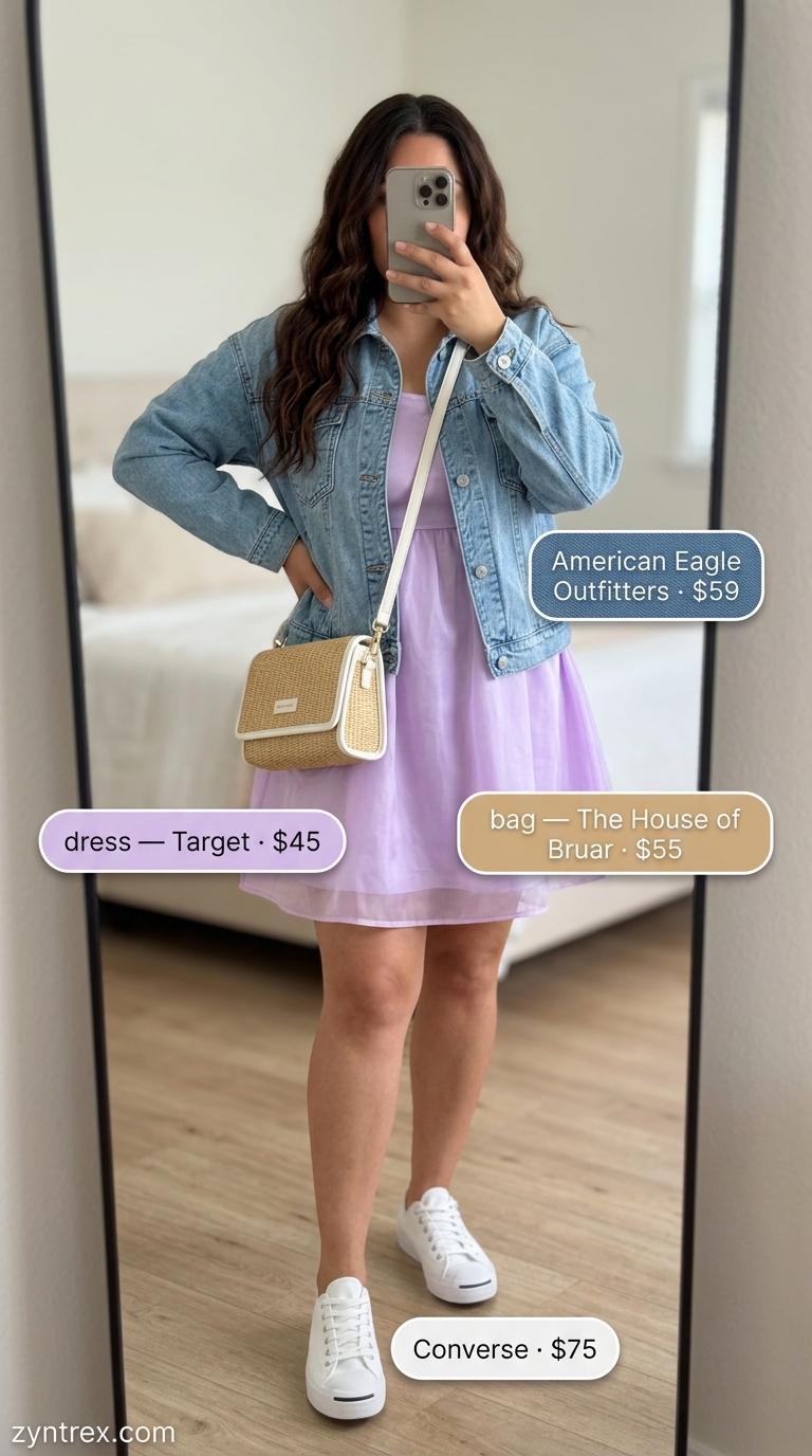 Boho Summer Crochet Outfits 2026: Whimsical Picnic Boho summer crochet outfits for women 2026: Lavender crochet mini dress, denim jacket, and canvas sneakers for a whimsical picnic.