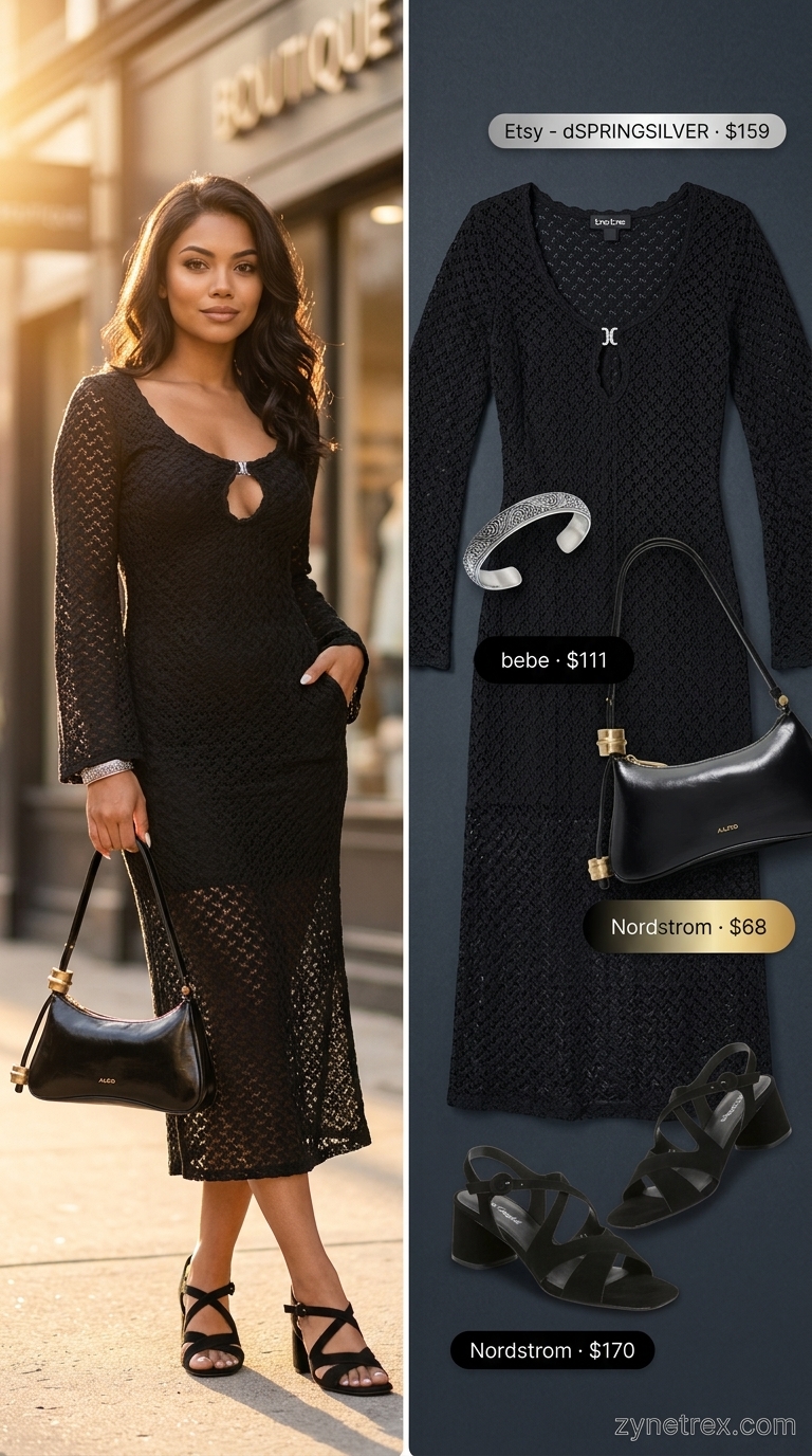 Boho Summer Crochet Outfits 2026: Mystic Desert Nights Black crochet maxi dress with silver jewelry for boho summer crochet outfits for women 2026 evening events.