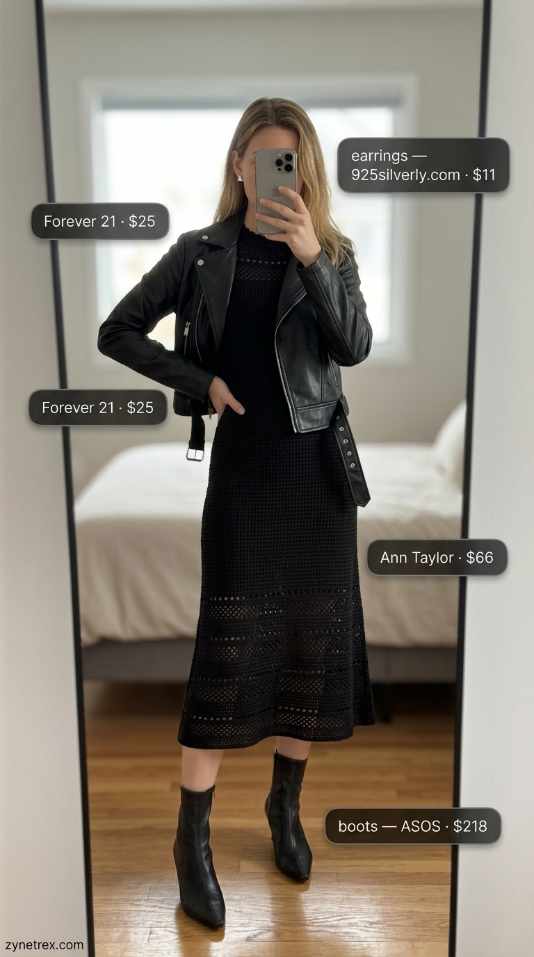 Boho Summer Crochet Outfits 2026: Urban Chic Dress Boho summer crochet outfits for women 2026: Black crochet midi dress with moto jacket and ankle boots for city sightseeing.