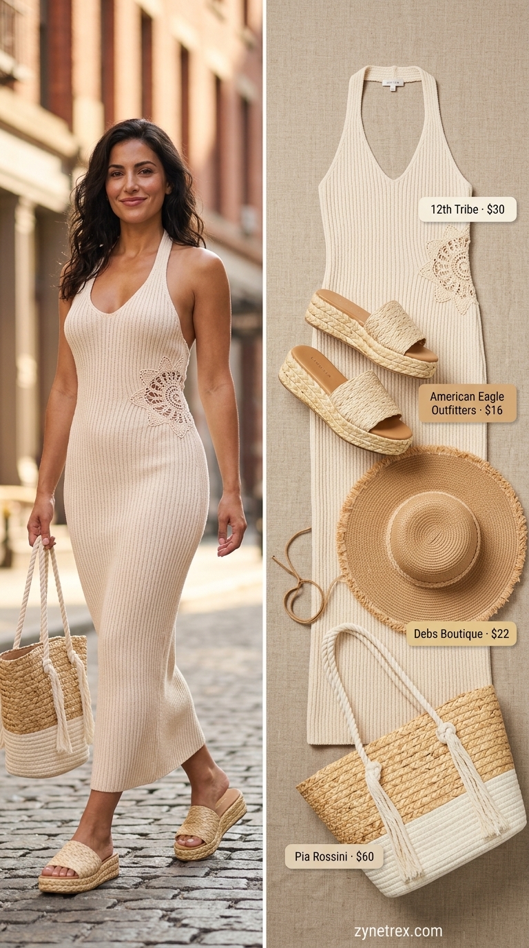 Boho Summer Crochet Outfits 2026: Coastal Dream Weaver Cream crochet maxi dress with straw hat for boho summer crochet outfits for women 2026 beach day.