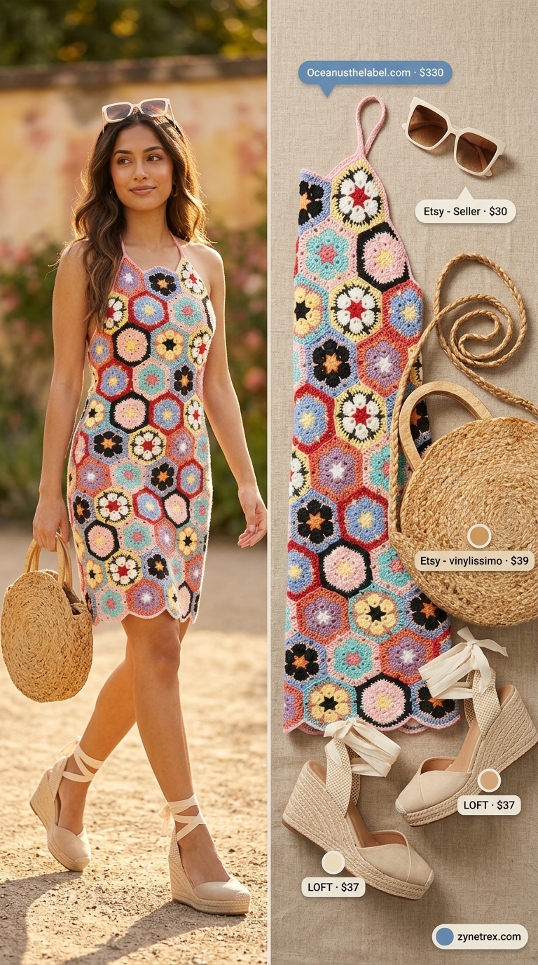 Boho Summer Crochet Outfits 2026: Vibrant Garden Party Floral crochet mini dress with espadrilles for boho summer crochet outfits for women 2026 garden party.
