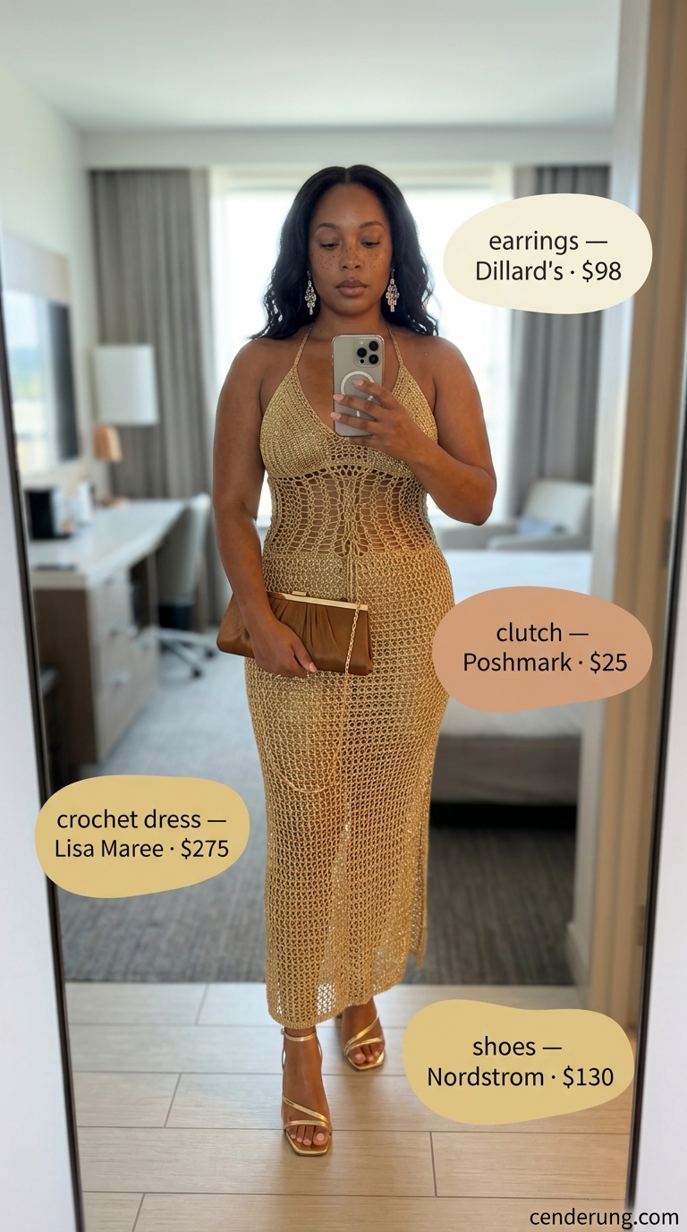 Boho Summer Crochet Outfits 2026: Glamorous Resort Dress Boho summer crochet outfits for women 2026: Cream and gold metallic crochet maxi dress with gold heels for a resort evening.