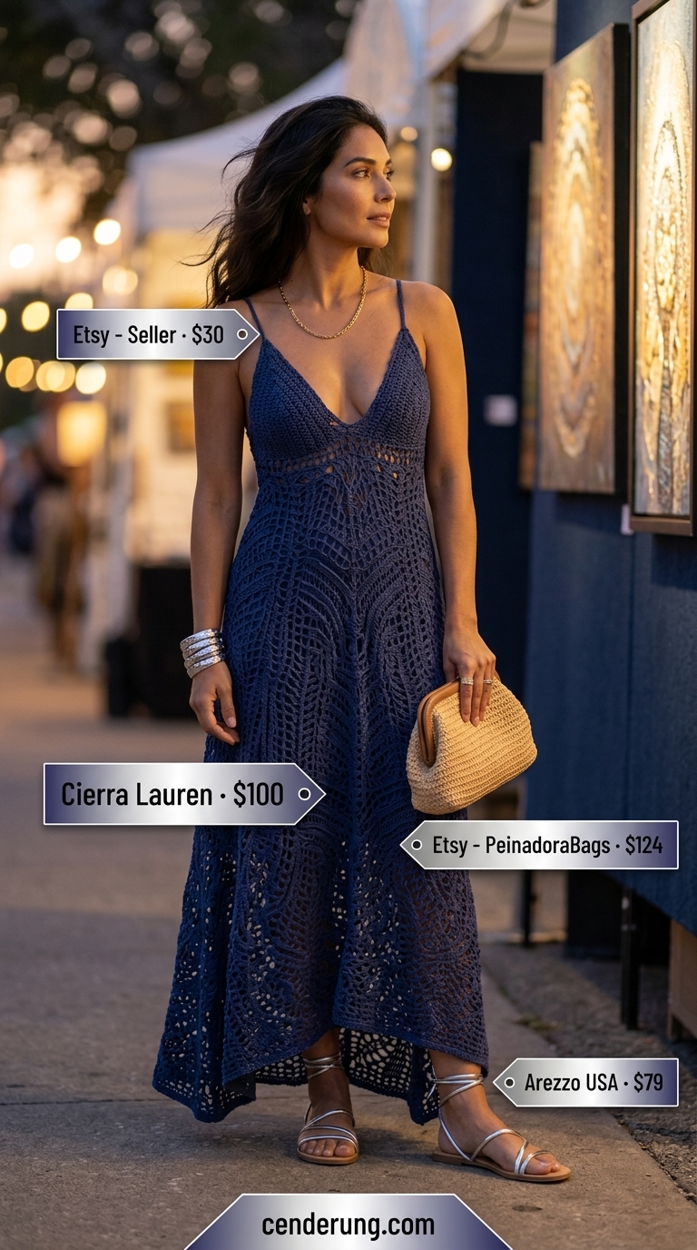 Boho Summer Crochet Outfits 2026: Indigo Maxi Dress Boho summer crochet outfits for women 2026: Dark indigo crochet maxi dress with silver sandals for a boho evening event.