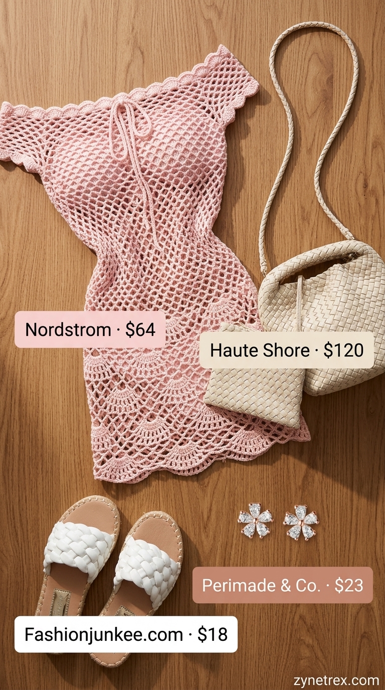 Boho Summer Crochet Outfits 2026: Dreamy Folk Picnic Blush pink crochet mini dress with espadrilles for boho summer crochet outfits for women 2026 picnic.