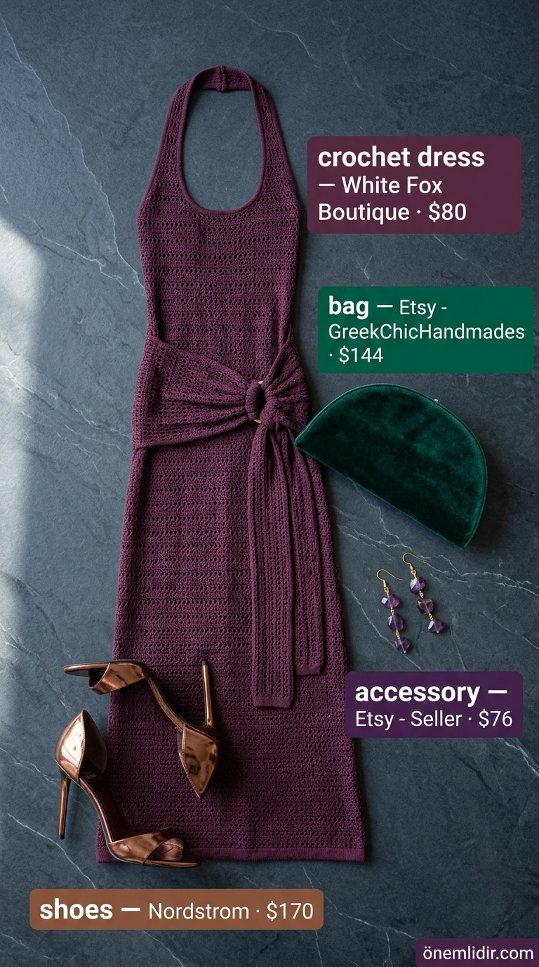 Boho Summer Crochet Outfits 2026: Bohemian Rhapsody Deep plum crochet maxi dress with bronze sandals for boho summer crochet outfits for women 2026 evening.