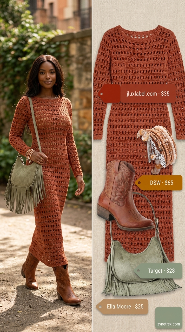 Boho Summer Crochet Outfits 2026: Earthy Festival Muse Rust crochet midi dress with cowboy boots for boho summer crochet outfits for women 2026 festival style.