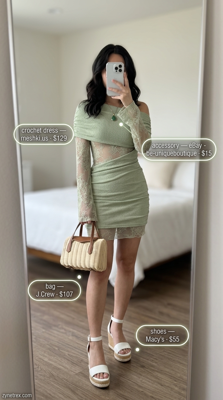 Boho Summer Crochet Outfits 2026: Sage Green Mini Dress Boho summer crochet outfits for women 2026: Sage green crochet mini dress with espadrilles and wicker bag for a garden brunch.