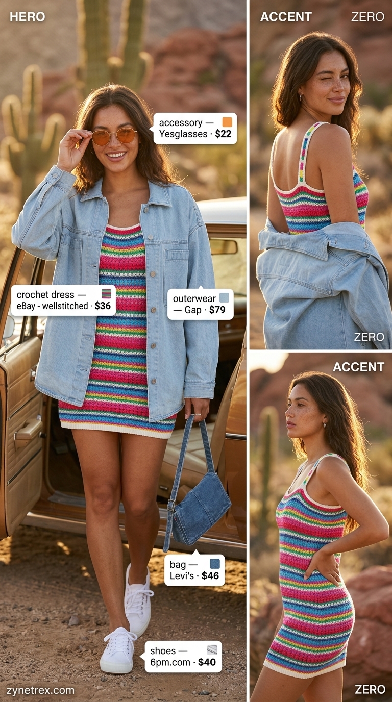 Boho Summer Crochet Outfits 2026: Retro Road Trip Multi-color striped crochet mini dress with denim jacket for boho summer crochet outfits for women 2026.