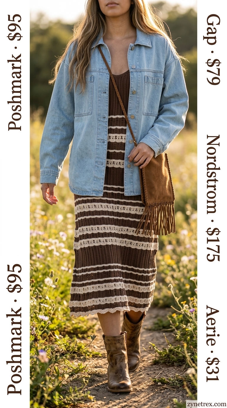 Boho Summer Crochet Outfits 2026: Festival Stripe Dress Boho summer crochet outfits for women 2026: Striped crochet midi dress with denim jacket and cowboy boots for a music festival.