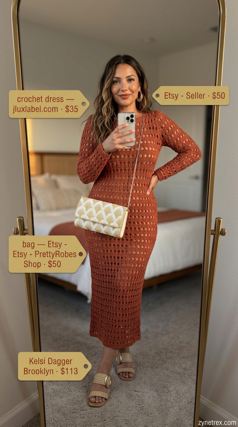 Boho Summer Crochet Outfits 2026: Terracotta Maxi Dress Boho summer crochet outfits for women 2026: Terracotta crochet maxi dress with woven sandals for a desert sunset event.