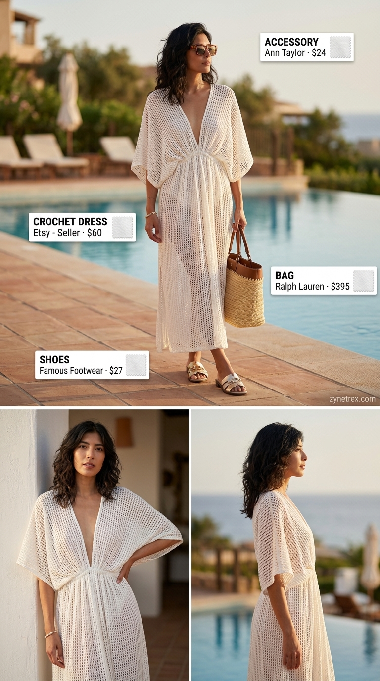 Boho Summer Crochet Outfits 2026: Luxe Resort Escape White crochet maxi caftan dress with gold accents for boho summer crochet outfits for women 2026 resort wear.