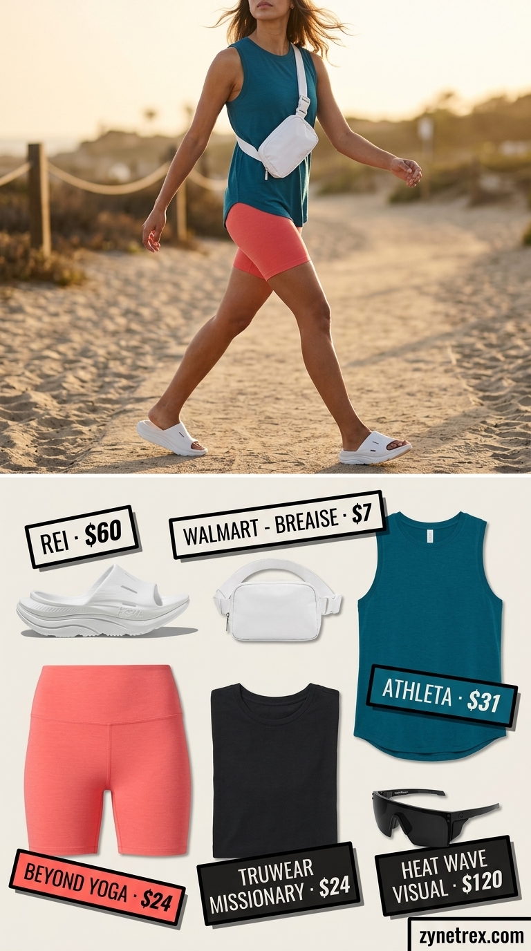 Energetic coral biker shorts & teal tank for beach workout, breathable summer activewear 2026.