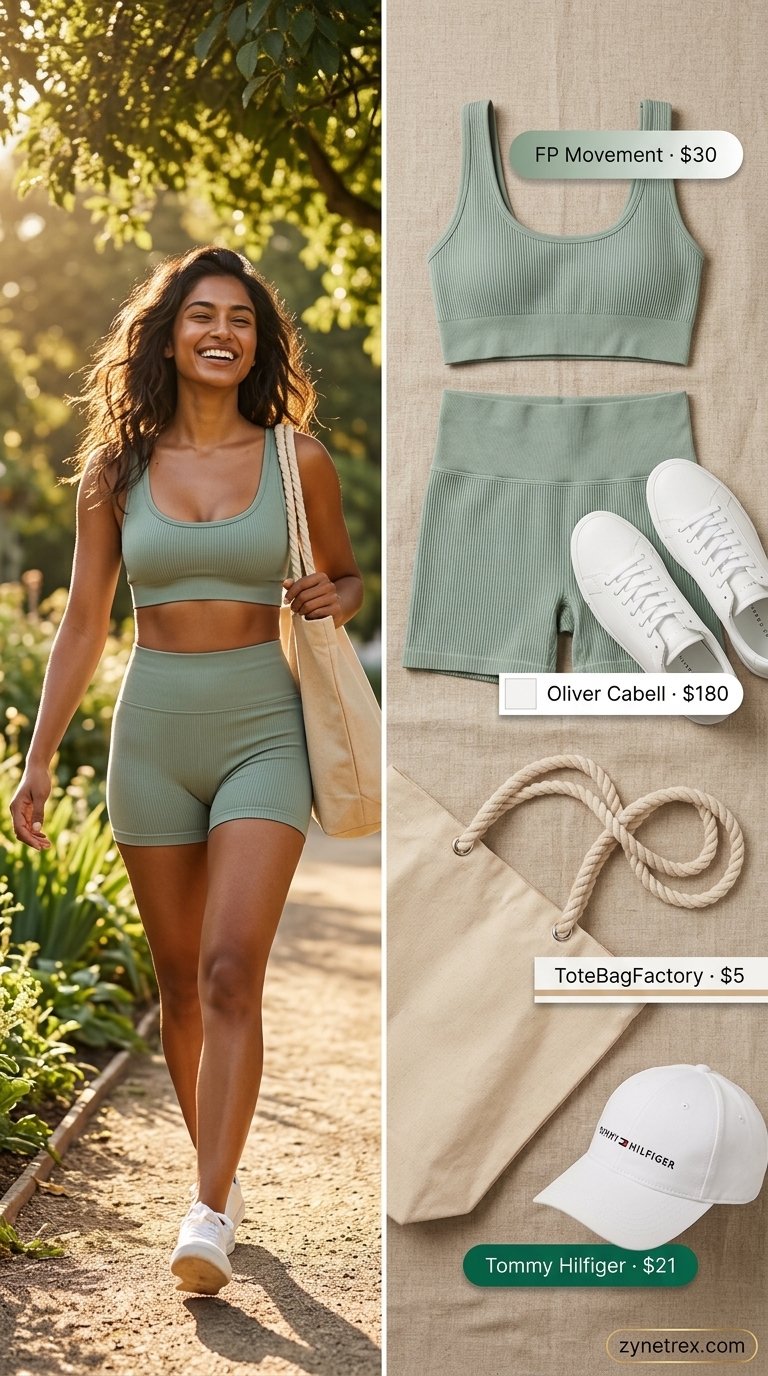 Relaxed sage green sports bra & canvas tote for beach walk, breathable summer activewear 2026.