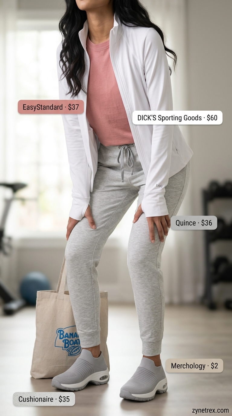 Breathable summer activewear for women 2026: Grey joggers, white jacket, rose t-shirt for post-workout.