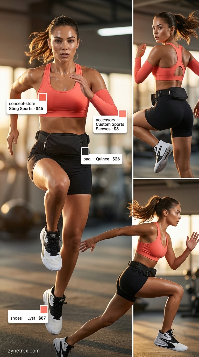 Breathable summer activewear for women 2026: Coral sports bra, black belt bag, white training shoes for HIIT.