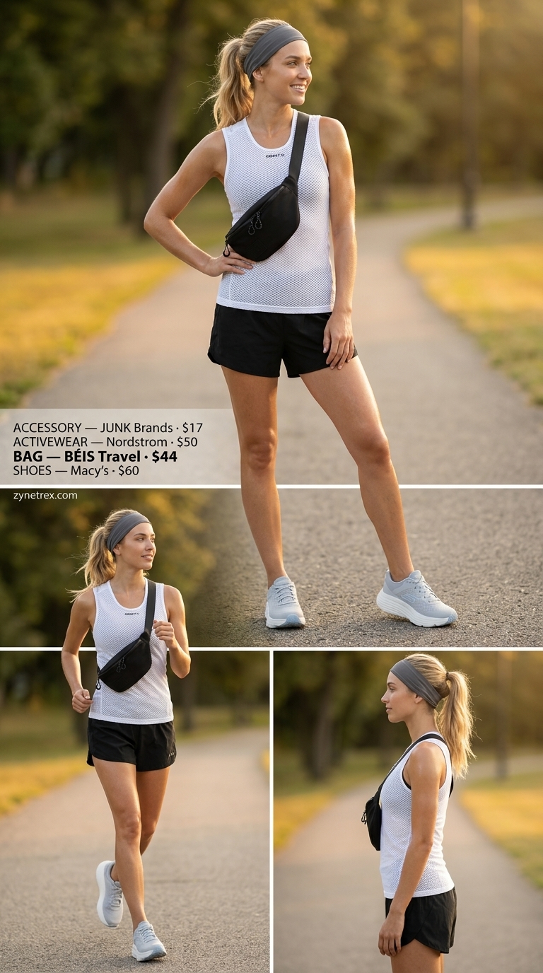 Breathable summer activewear for women 2026: White tank, grey headband, black pouch for cardio.