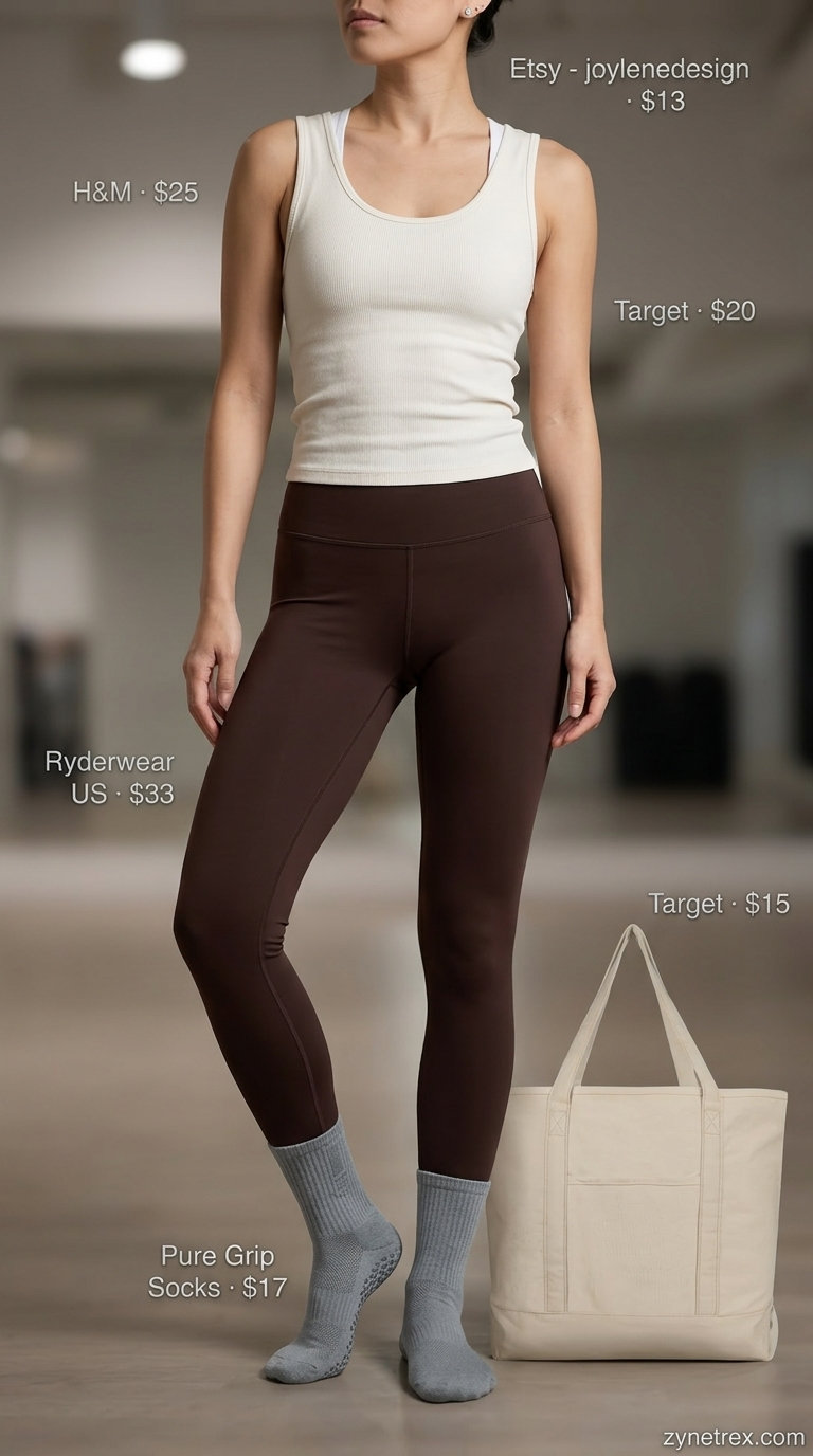 Breathable summer activewear for women 2026: Lavender leggings, white tank, silver earrings for yoga.