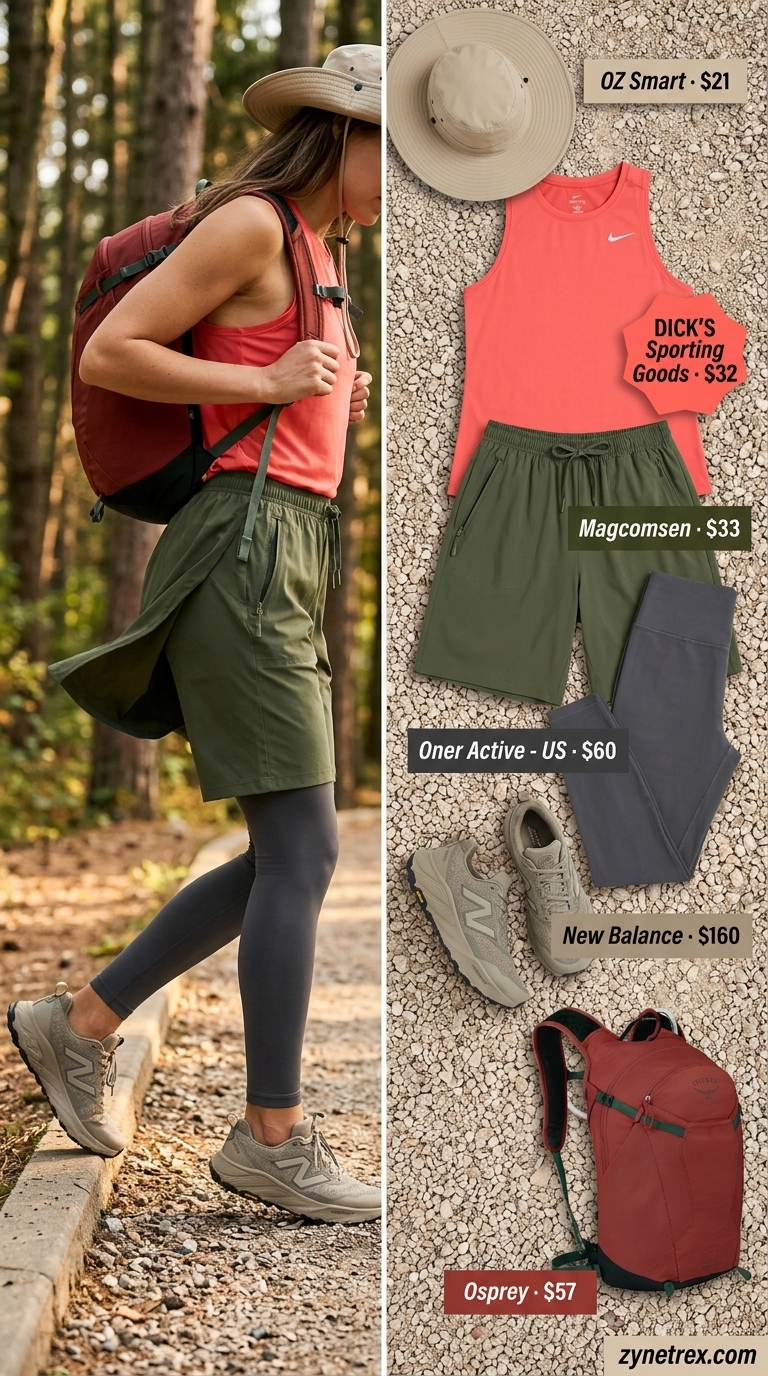 Breathable summer activewear for women 2026: Olive shorts, coral tank, khaki hat for hiking.