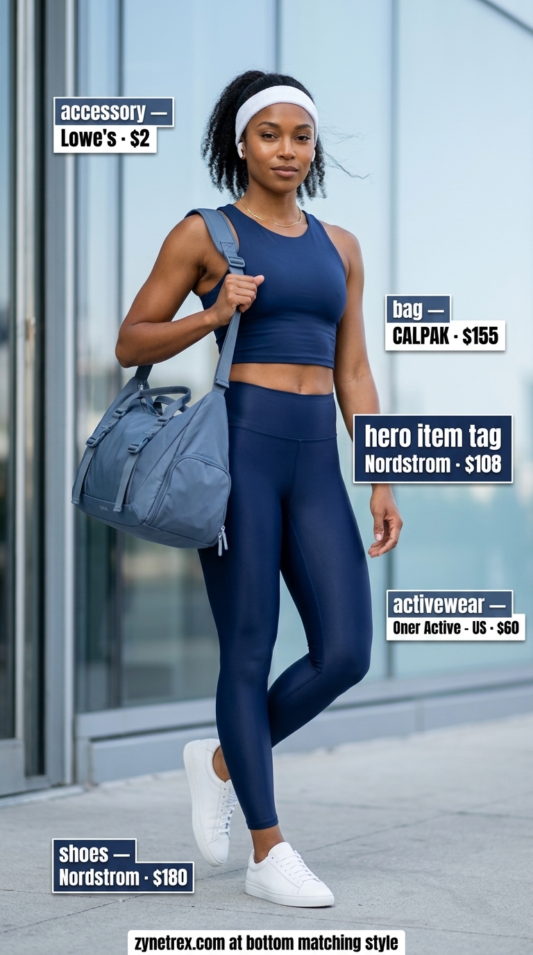 Breathable summer activewear for women 2026: Navy matching set, white sneakers, blue duffel for weekend errands.