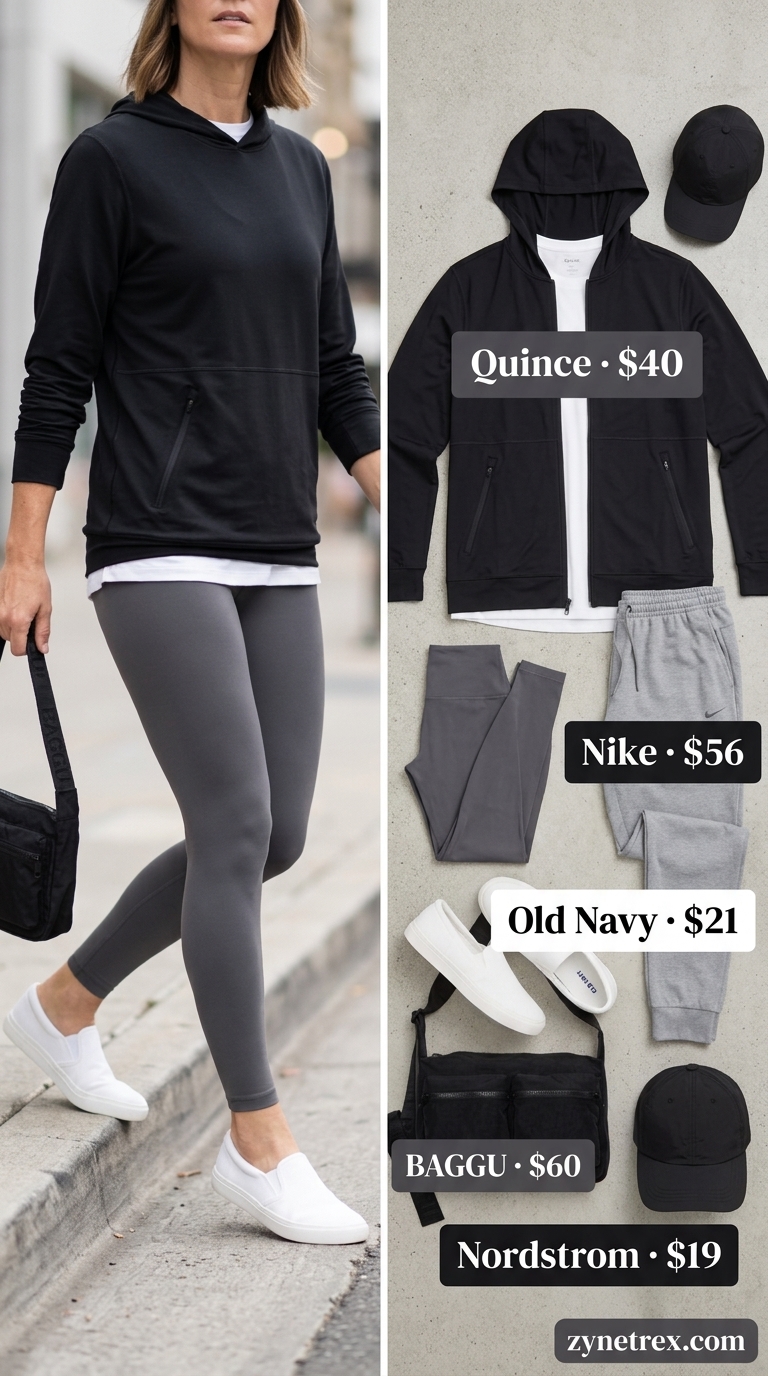 Breathable summer activewear for women 2026: Charcoal grey joggers, white tee, black hoodie for city commute.