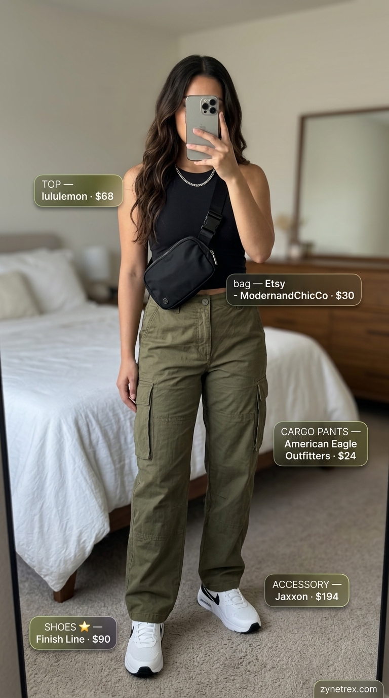 Breathable summer activewear for women 2026: Olive green cargo pants, black tank, chunky sneakers for urban exploration.