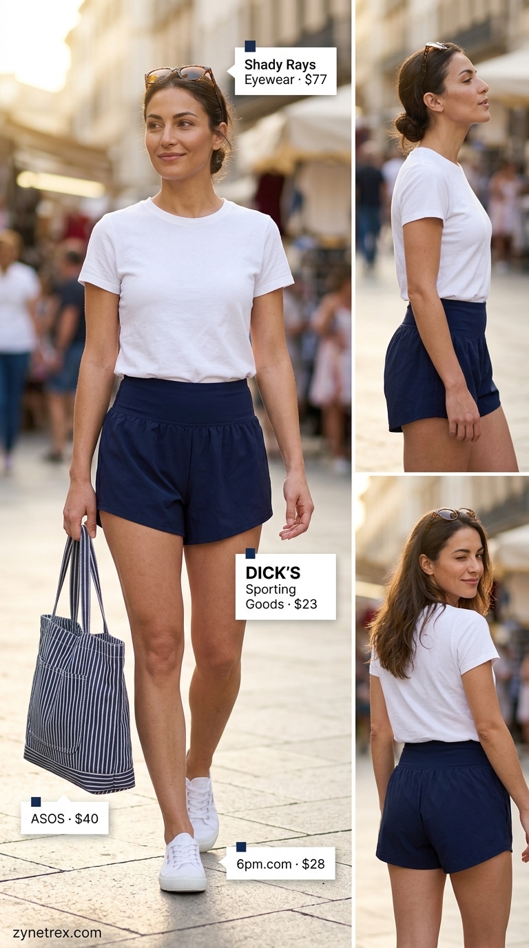 Breathable summer activewear for women 2026: Navy blue shorts, light blue stripe tote for weekend errands.