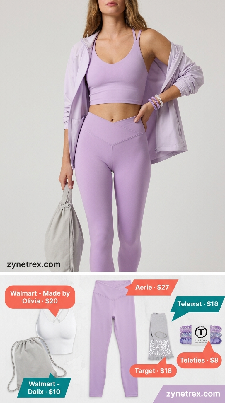 Breathable summer activewear for women 2026: Lilac leggings, white crop top for yoga, pilates.