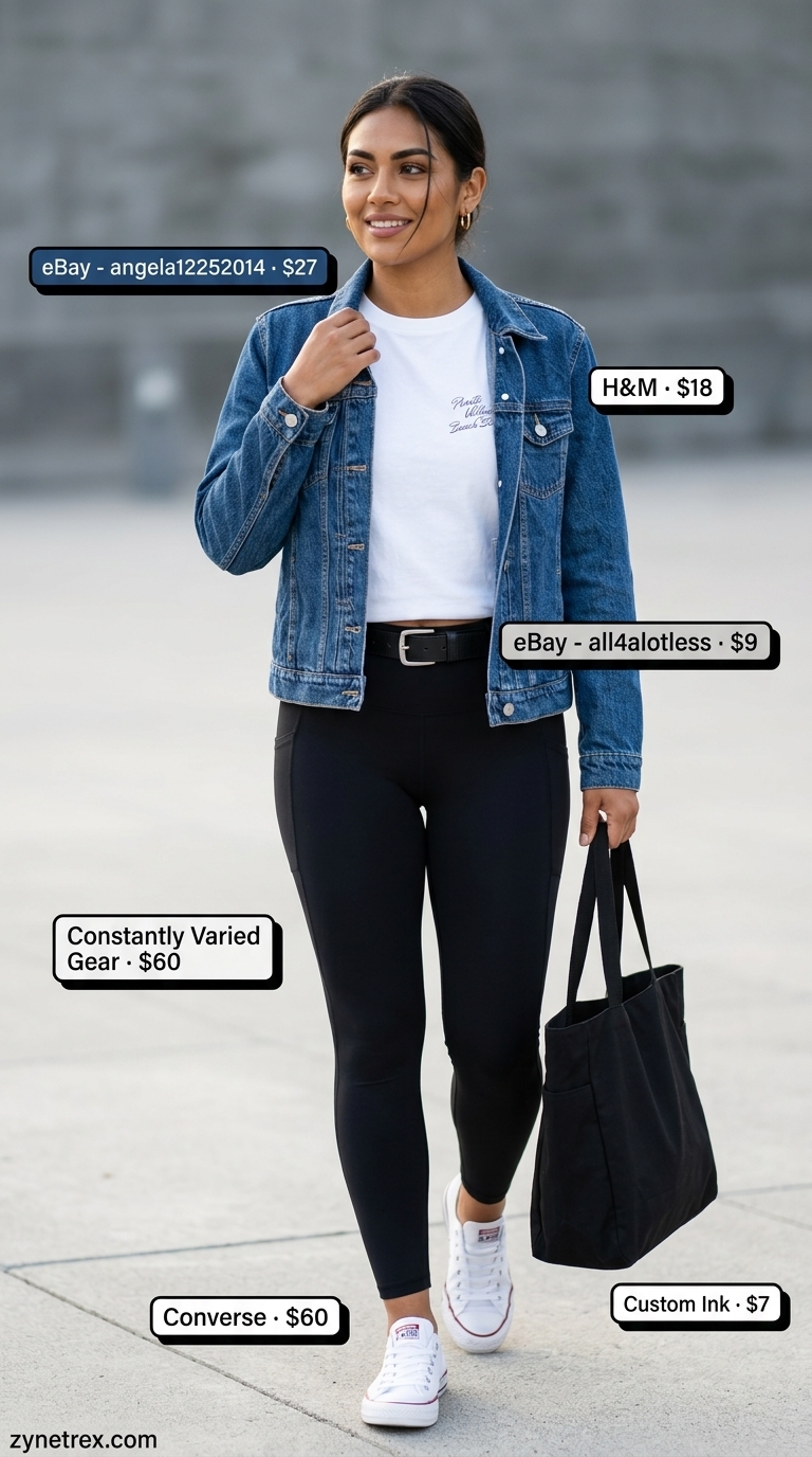 Casual Denim Jacket for Weekend Style 2026 Casual denim jacket outfit with graphic tee, black leggings, and white sneakers for weekend outings.