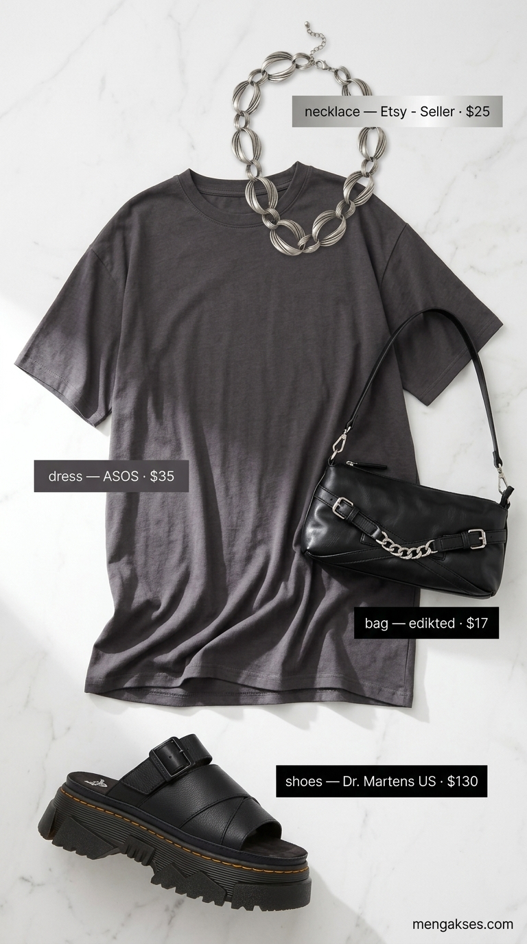 Urban plus size summer outfit 2026: Charcoal gray t-shirt dress, black accessories, neon green scrunchie.