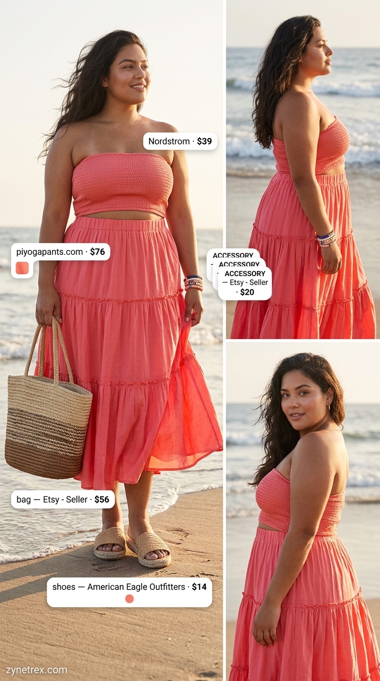 Vibrant plus size summer outfit 2026: Coral maxi skirt, striped top, raffia sandals for beach days.