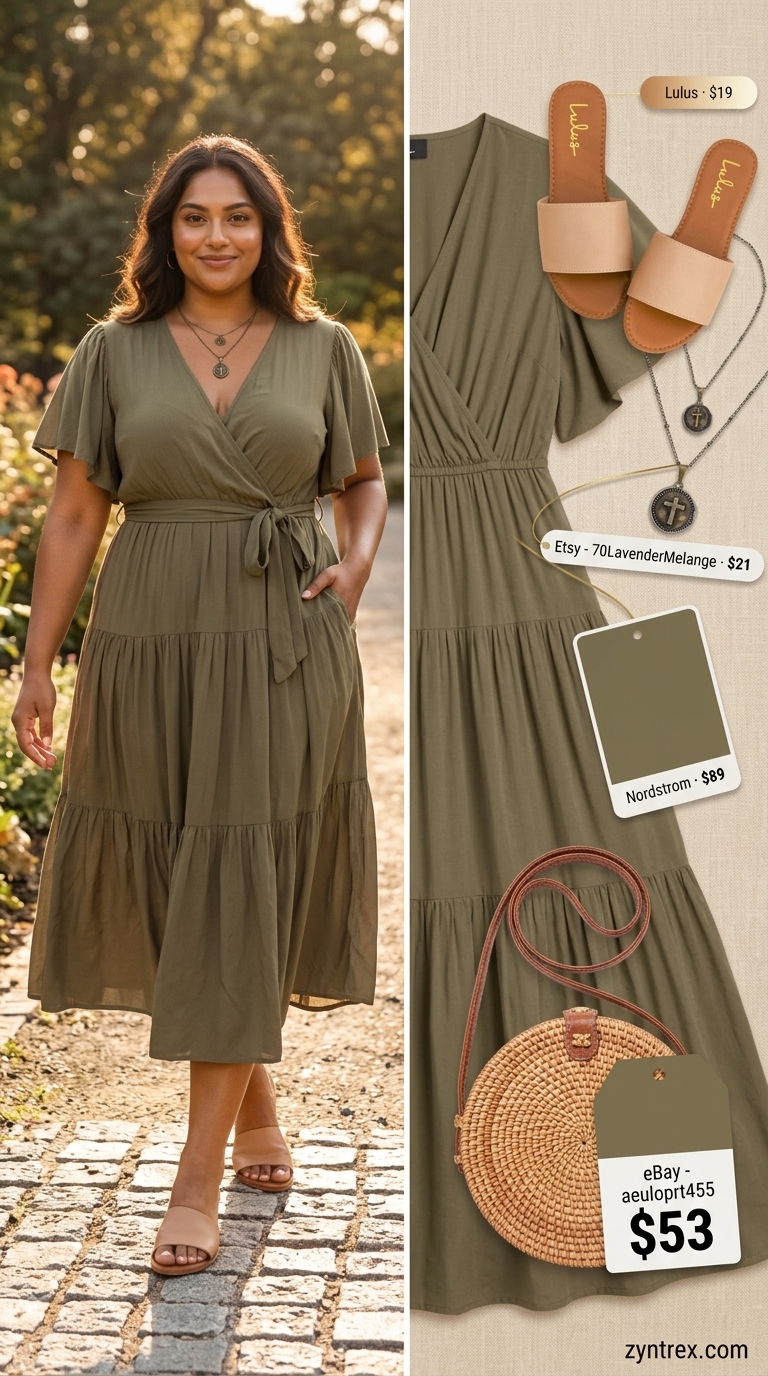 Bohemian plus size summer outfit 2026: Olive green dress, straw hat, espadrilles for picnics.