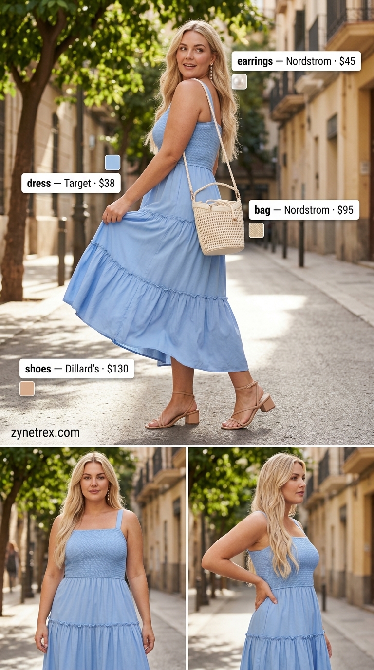 Romantic plus size summer outfit 2026: Sky blue floral dress, espadrilles, straw bag for garden parties.