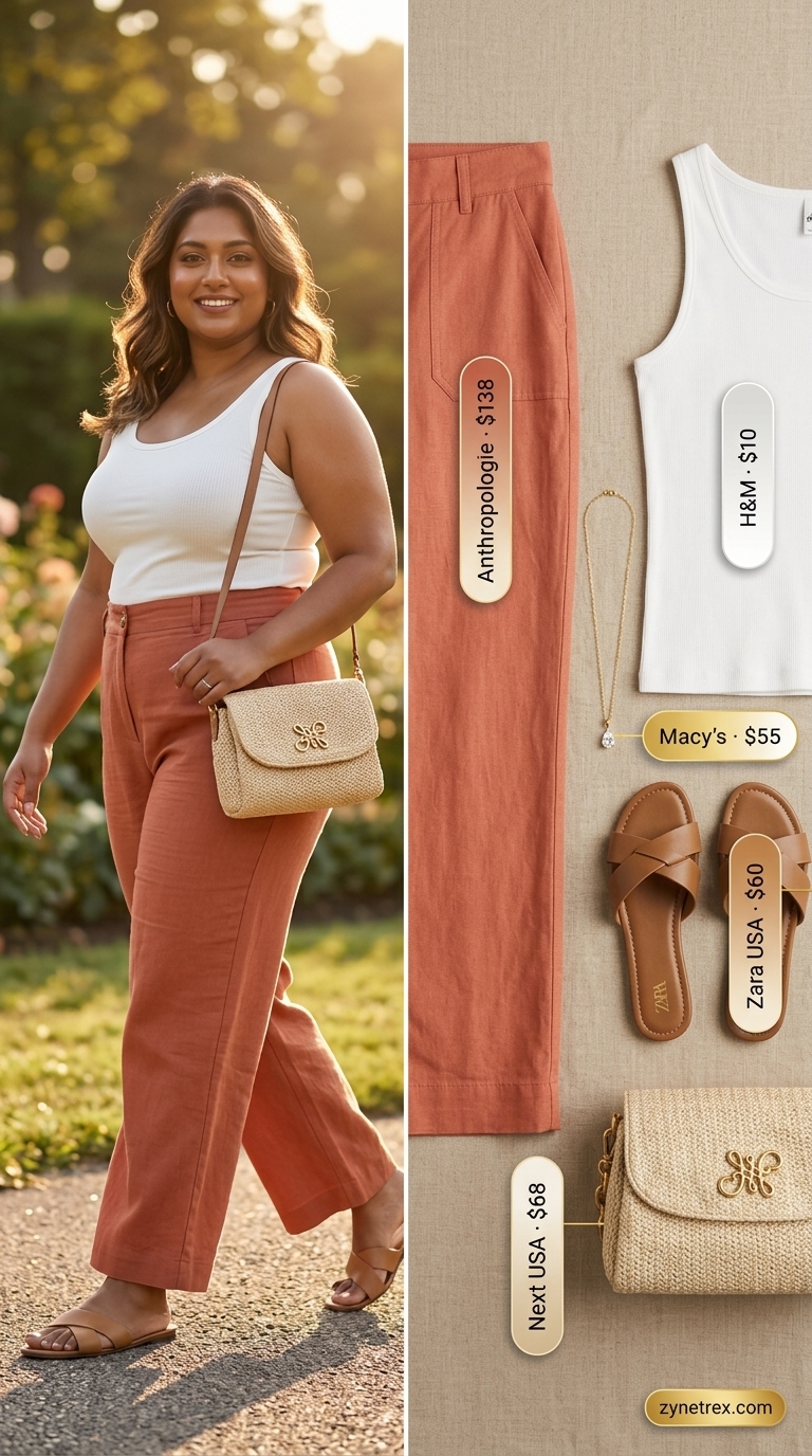 Earthy plus size summer outfit 2026: Terracotta linen pants, white tank, espadrilles for casual dinner.