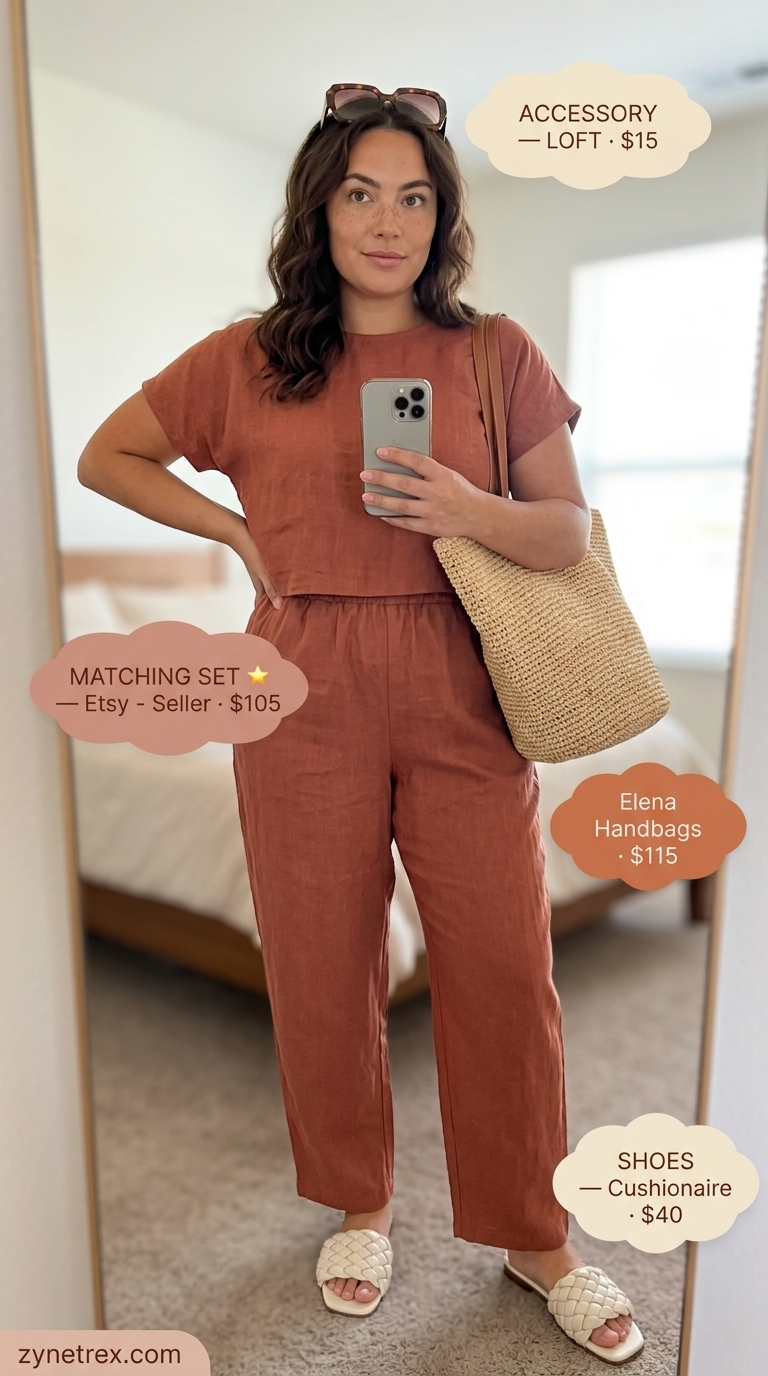 Sophisticated plus size summer outfit 2026: Terracotta linen set, woven slides, straw tote for resort wear.