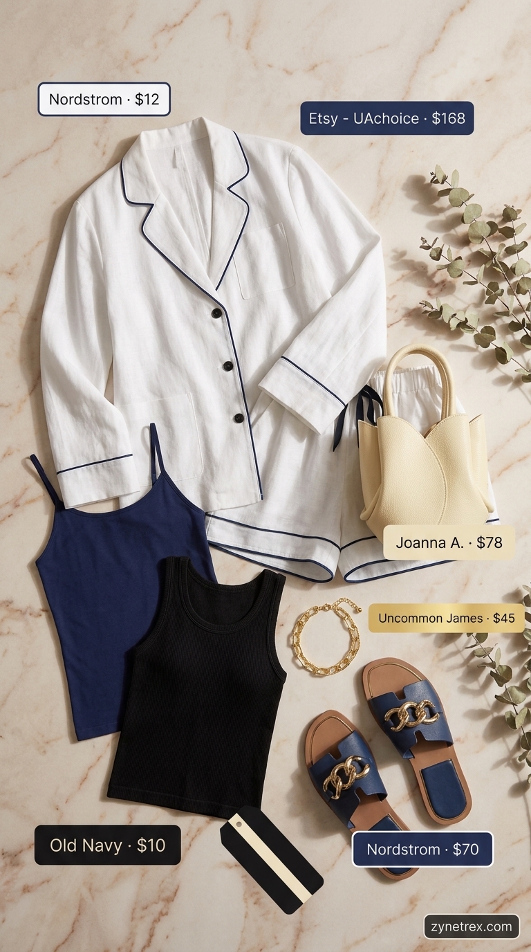 Chic plus size summer outfit 2026: White linen set, navy sandals, straw tote for resort brunch.