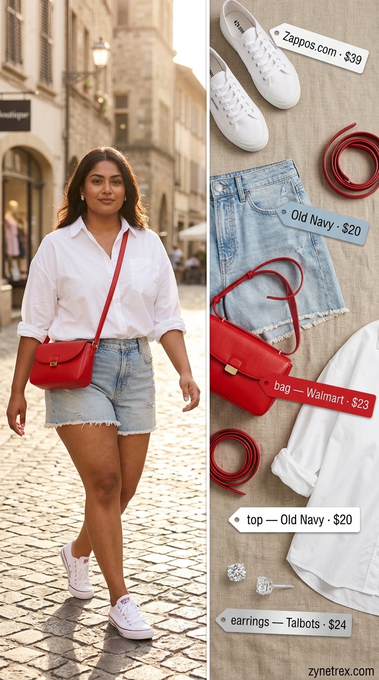 Classic plus size summer outfit 2026: White shirt, denim shorts, canvas sneakers for everyday wear.