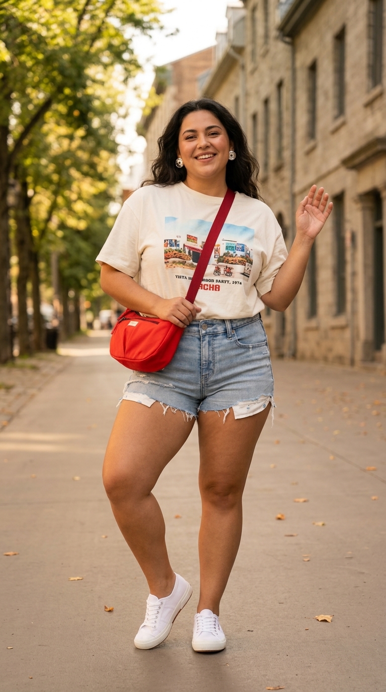 Casual plus size summer outfits for women 2026: White graphic tee, denim shorts, red crossbody bag, and sneakers for errands.