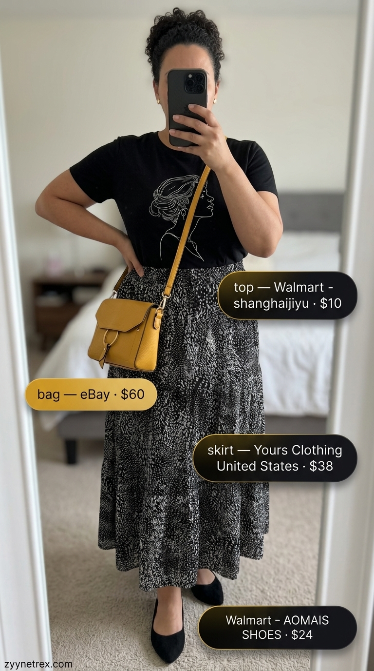 Casual plus size summer outfits for women 2026: Midi skirt, graphic tee, crossbody bag, and ballet flats for an art fair.